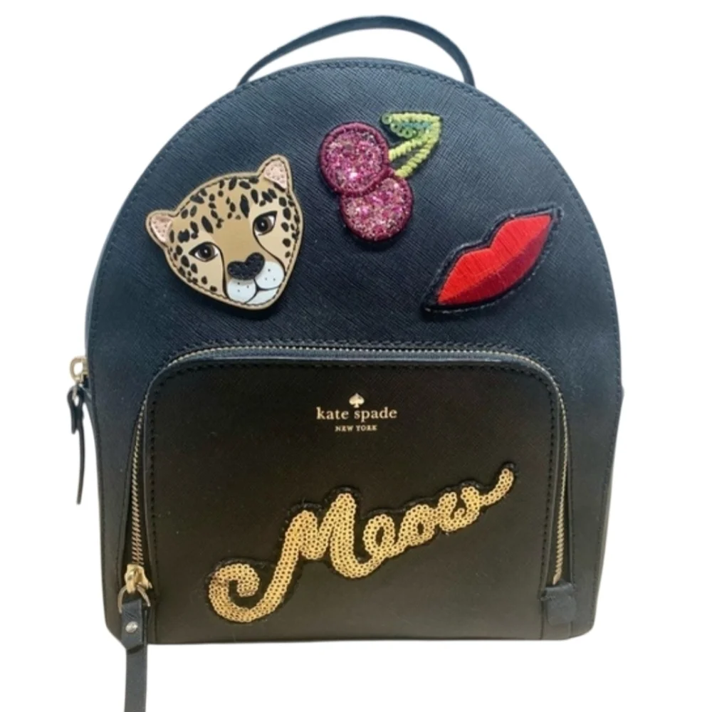Kate Spade Meow Cat Novelty Backpack Leopard Cherry Black Leather